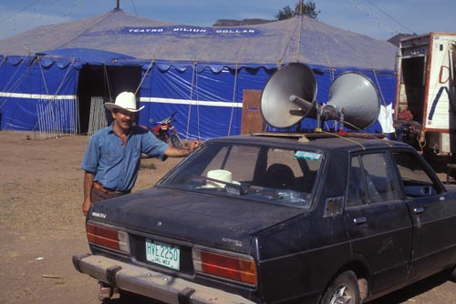Profesor and his promotion car with loudspeakers, Alamos, Sonora, Mexico.  Photo by Anders Tomlinson.