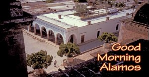 Calle Comercio scene from the Bishop Reyes' Cathedral's belfry, Alamos, Sonora, Mexico. Photo by Anders Tomlinson.