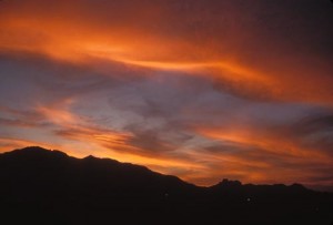 Looking southwest towards Mt. Alamos and Cerra Cacharamba at sunset, Alamos, Sonora, Mexico. Photo by Anders Tomlinson.