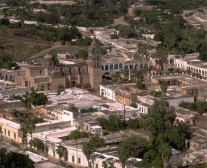 1993 Looking west from El Mirador at the church and plaza in alamos, sonora, mexico
